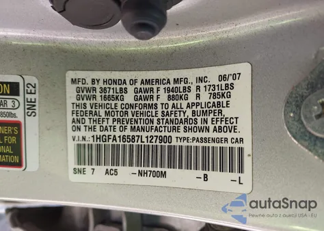 2007 Honda Civic Lx from USA, damaged, VIN 1HGFA16587L127900